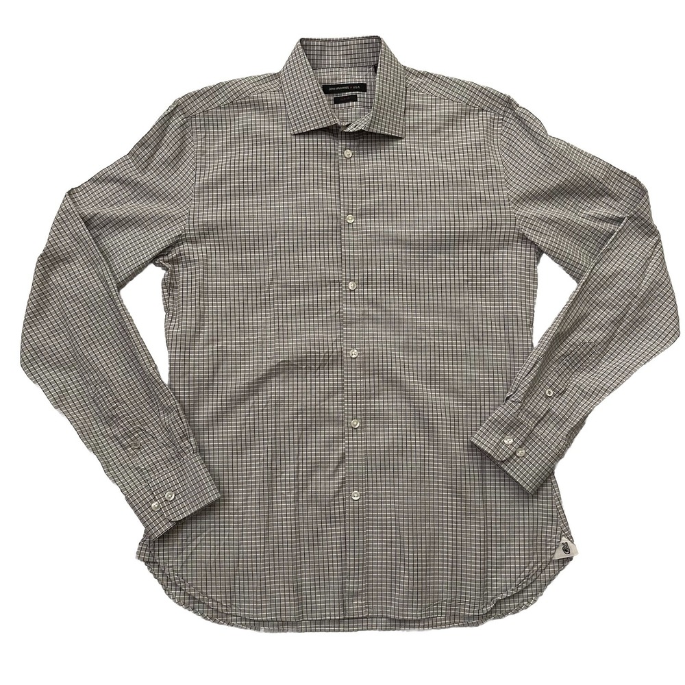 John Varvatos Mens Button Up Slim Fit Plaid Shirt 15.5 34/35 Check 15 1/2 Gray